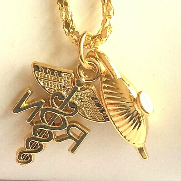 Florence Nightingale Lamp Nursing Caduceus Necklace Graduation Gift RN Gold Tone - Picture 8 of 10